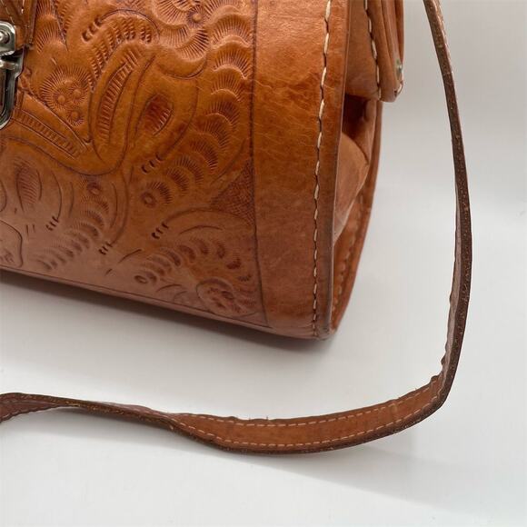Vintage Tooled Leather Top Handle Handbag Tan Women's Purse Made In Vegas - Picture 7 of 15